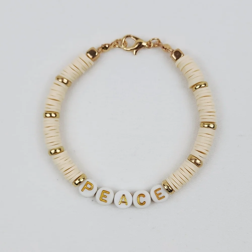 Handmade Word Peace Cream And Gold Bracelet